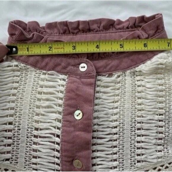 Zara Boho Dusty Pink 3/4 sleeve Corduroy crochet Ruffles Cotton Top XS - Picture 7 of 9